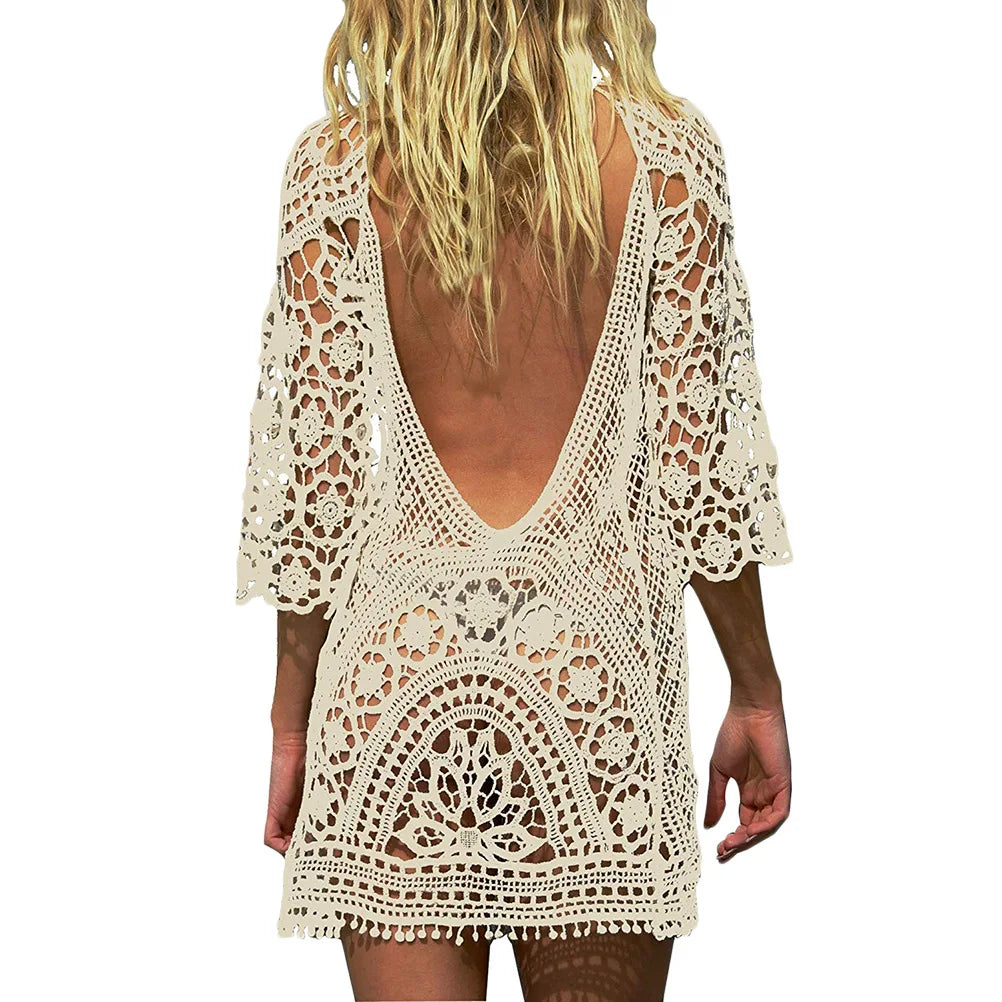 Sexy Women Bathing Suit Cover up Crochet Lace Bikini Bathing Suit Swimsuit Smock Knitting Swimwear Mesh Beach Dress Tunic Robe