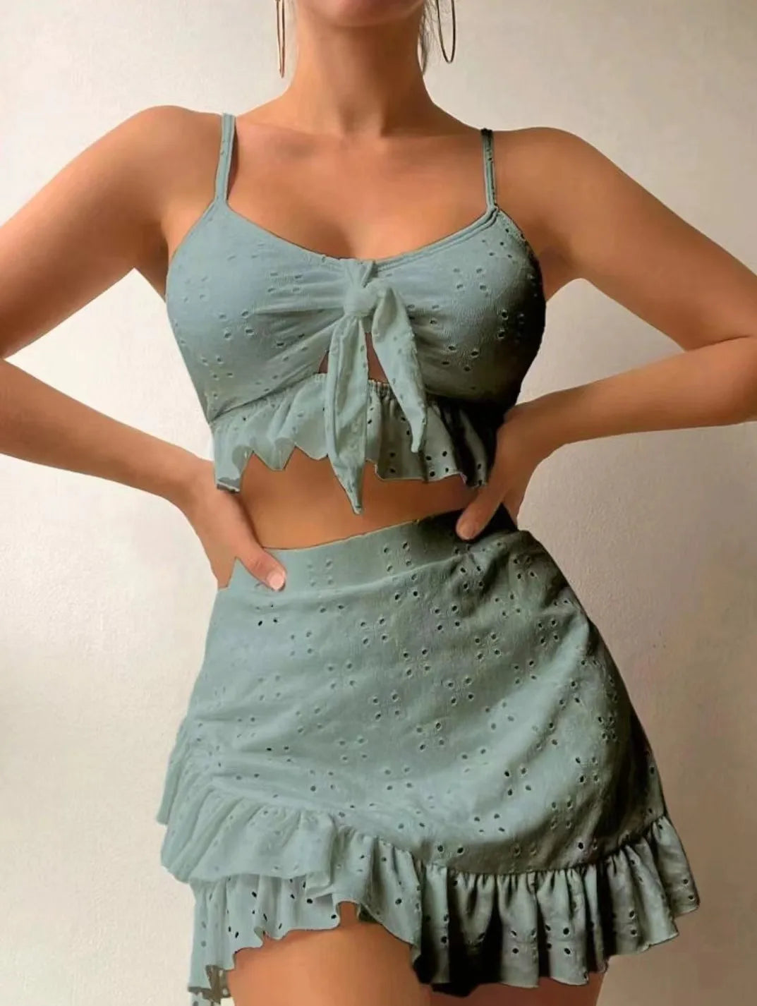 2025 European and American Women's Solid Color Sexy Split Swimsuit Bag Hip Skirt Three Piece Set Casual Beach Bikini