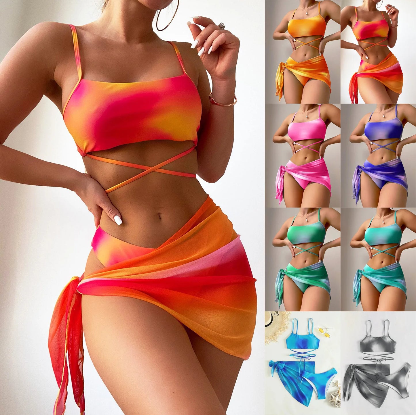 2026 European and American Cross-border Tie Dye Bikini Swimsuit Women's Three Piece Set Mesh Skirt Split Bikini Swimsuit