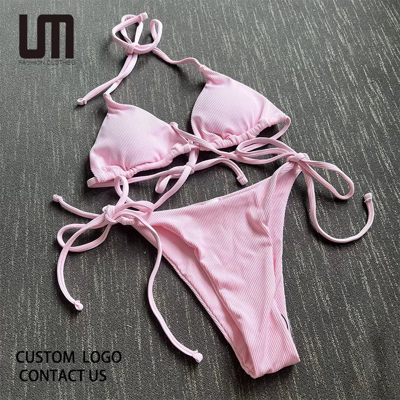 Women's Lace-Up Halter Ribbed Bikini Set - Solid Side Thong Swimsuit for Beach