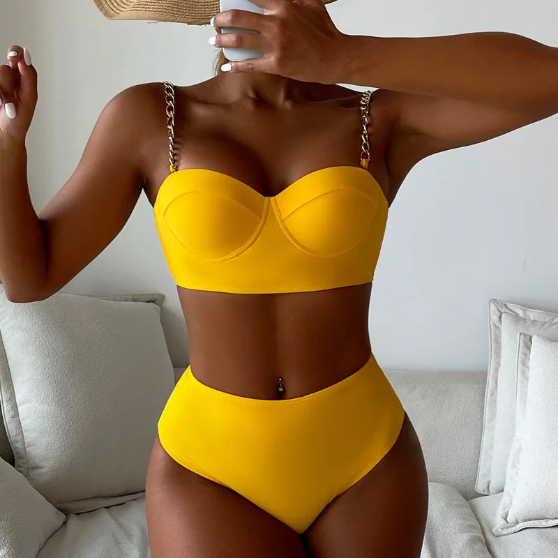 High Quality Women High Waist Swimsuit Mental Strap Mold Cup Push up Plus Size 5XL Bikini Solid Color