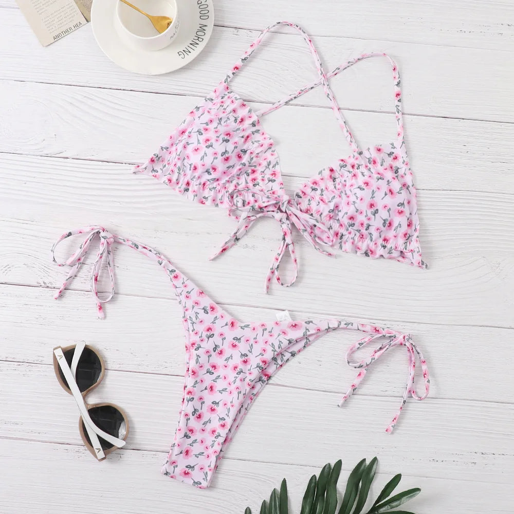 XCQJR-0117 Women's Floral Triangle Bikini String Set Drawstring Two-Piece Swimsuit for Beach OEM Service Available
