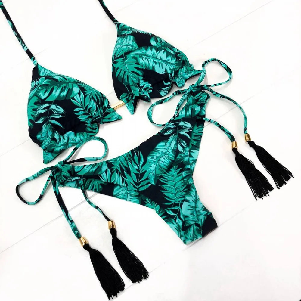 brazilian lace up push up bikini set micro swimwear designer tassels swimsuit beachwear outfit bathing suit women