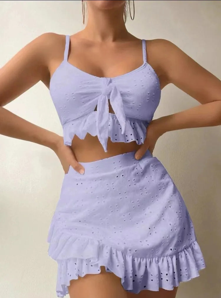 2025 European and American Women's Solid Color Sexy Split Swimsuit Bag Hip Skirt Three Piece Set Casual Beach Bikini