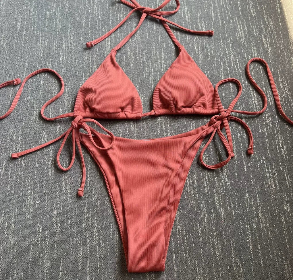 Women's Lace-Up Halter Ribbed Bikini Set - Solid Side Thong Swimsuit for Beach