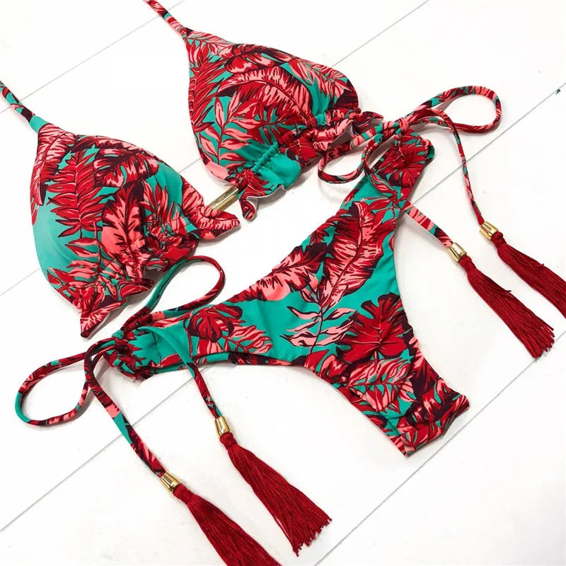 brazilian lace up push up bikini set micro swimwear designer tassels swimsuit beachwear outfit bathing suit women