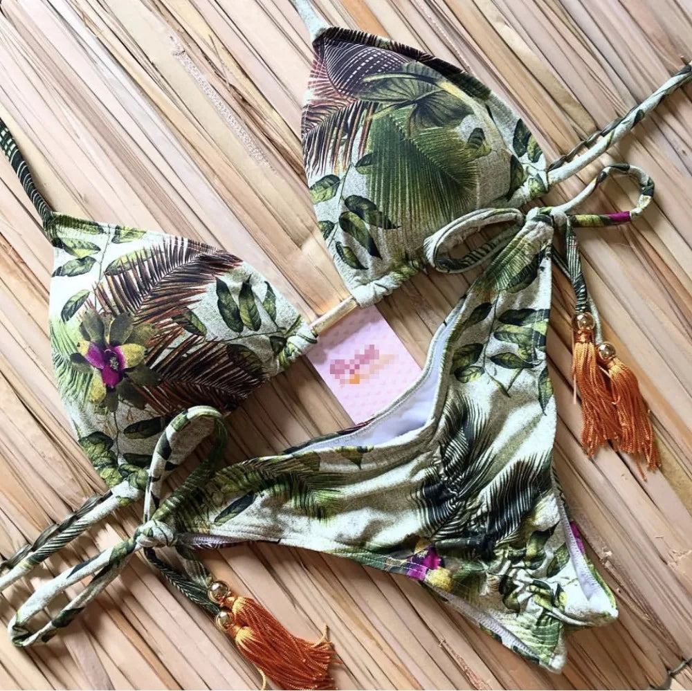 brazilian lace up push up bikini set micro swimwear designer tassels swimsuit beachwear outfit bathing suit women