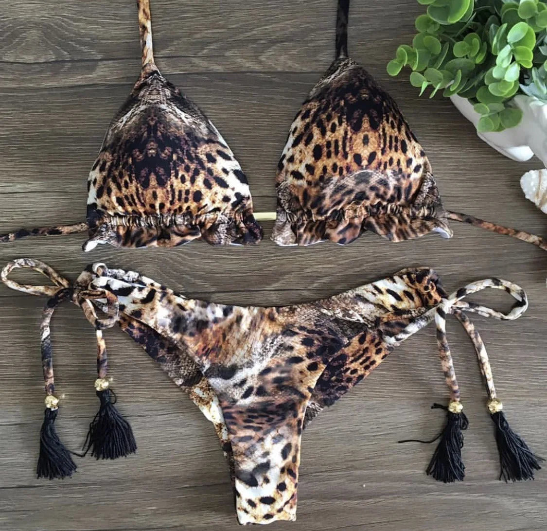 brazilian lace up push up bikini set micro swimwear designer tassels swimsuit beachwear outfit bathing suit women