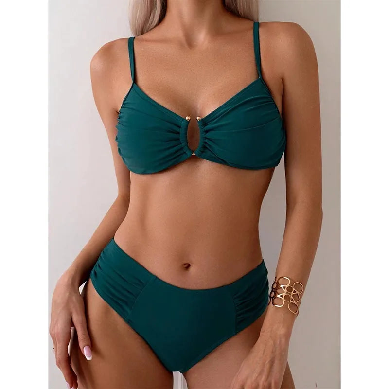 New Sexy Solid Color High Waist U-shackle Backless Two Piece Bikini Beachwear Swimsuit Custom Women Swimwear