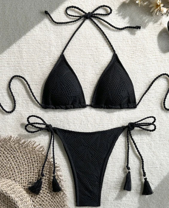 2026 Summer New Arrival Solid Color Braided Detail 2 Piece Bikini Set for Women European Fashion Two Piece Swimsuit
