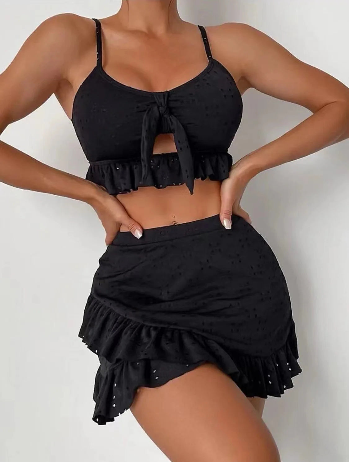 2025 European and American Women's Solid Color Sexy Split Swimsuit Bag Hip Skirt Three Piece Set Casual Beach Bikini