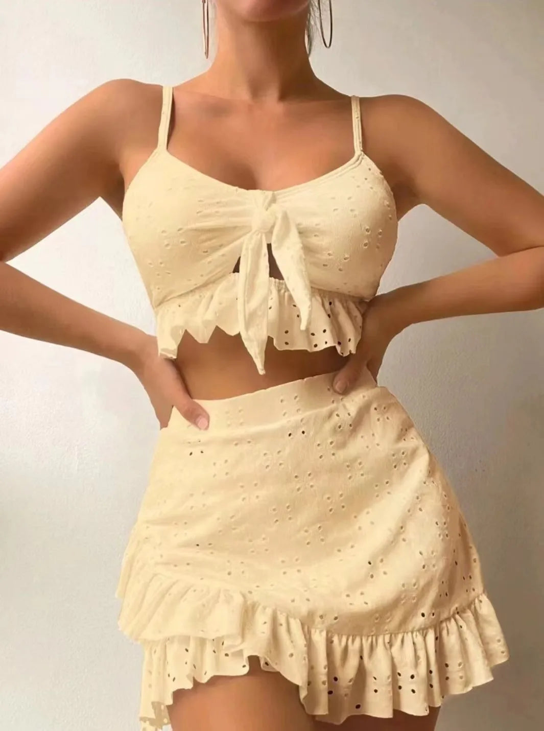 2025 European and American Women's Solid Color Sexy Split Swimsuit Bag Hip Skirt Three Piece Set Casual Beach Bikini