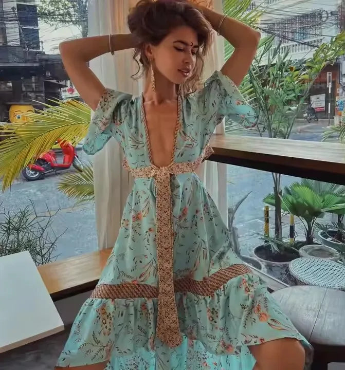 Robe Bohemian Lady Short Sleeve Rayon Summer Boho Dresses Women Hollow Out Sexy Beach Dress