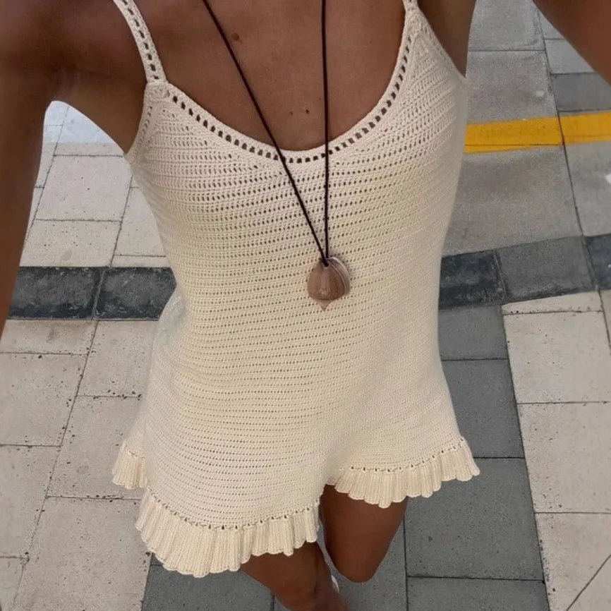 2025 Women Comfy Swimsuit Cover up Seaside Holiday Club Dresses Sexy Crochet Halter V Neck Chic Ruffle Knit Beach Mini Dress