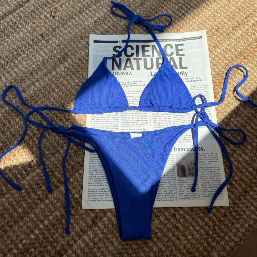 Women's Lace-Up Halter Ribbed Bikini Set - Solid Side Thong Swimsuit for Beach