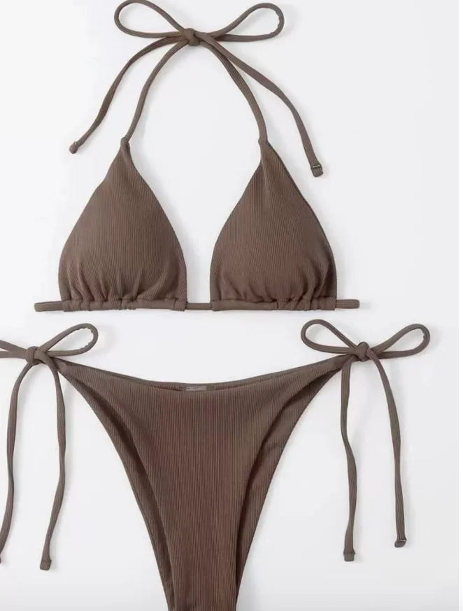 Women's Lace-Up Halter Ribbed Bikini Set - Solid Side Thong Swimsuit for Beach