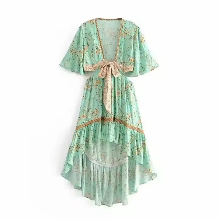 Robe Bohemian Lady Short Sleeve Rayon Summer Boho Dresses Women Hollow Out Sexy Beach Dress