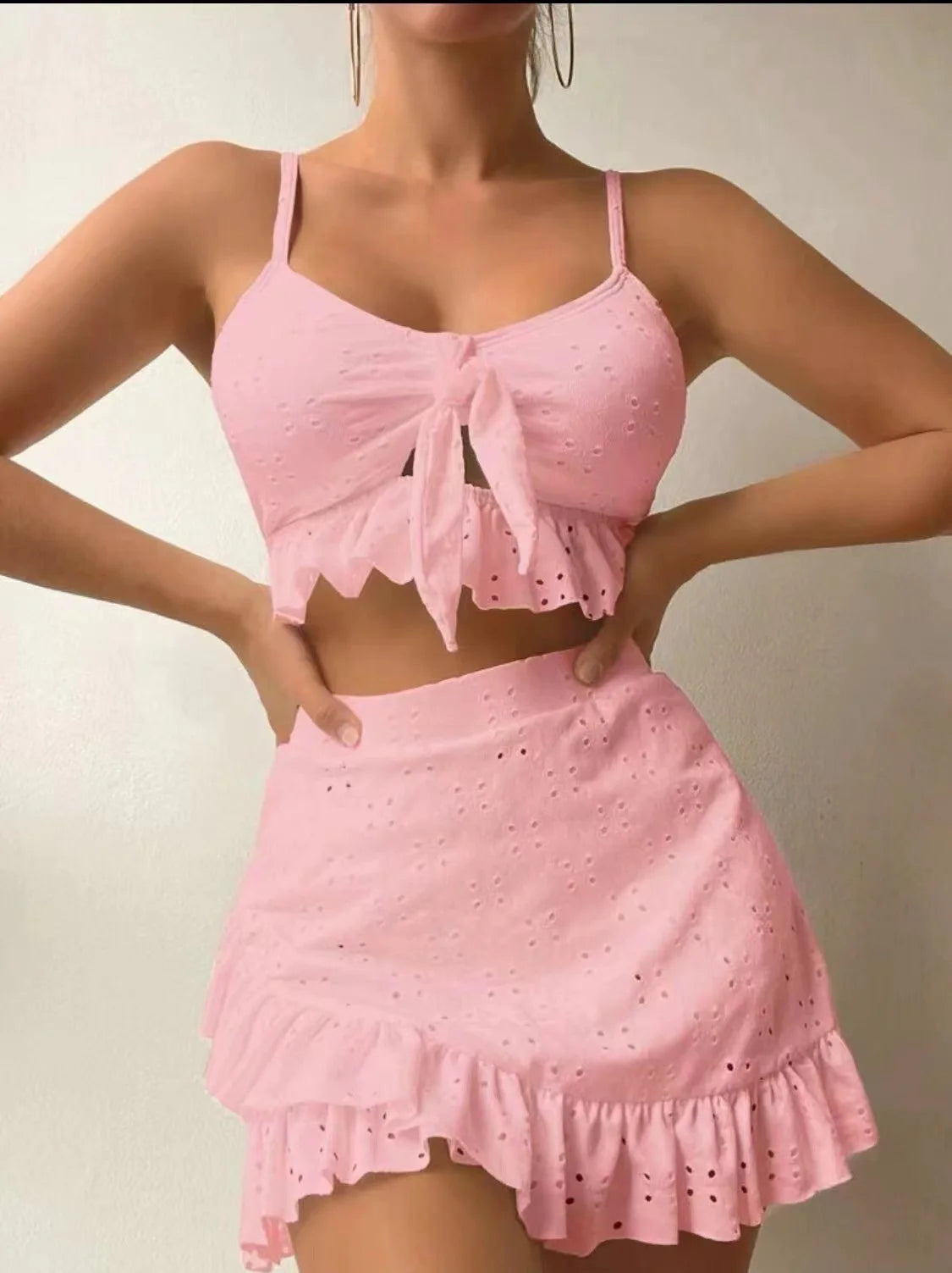 2025 European and American Women's Solid Color Sexy Split Swimsuit Bag Hip Skirt Three Piece Set Casual Beach Bikini