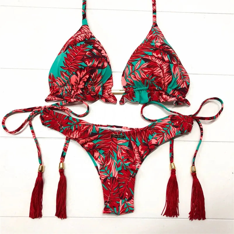 brazilian lace up push up bikini set micro swimwear designer tassels swimsuit beachwear outfit bathing suit women