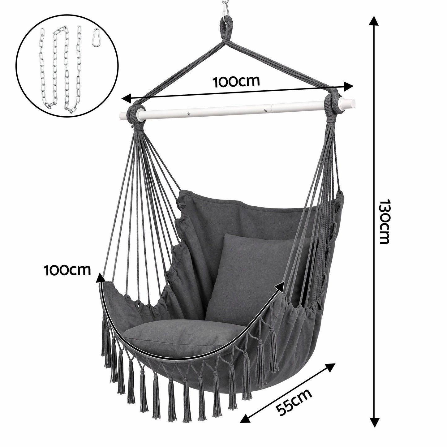 Gardeon Hammock Chair Camping Macrame Hanging Swing Cushions Metal Bar Grey