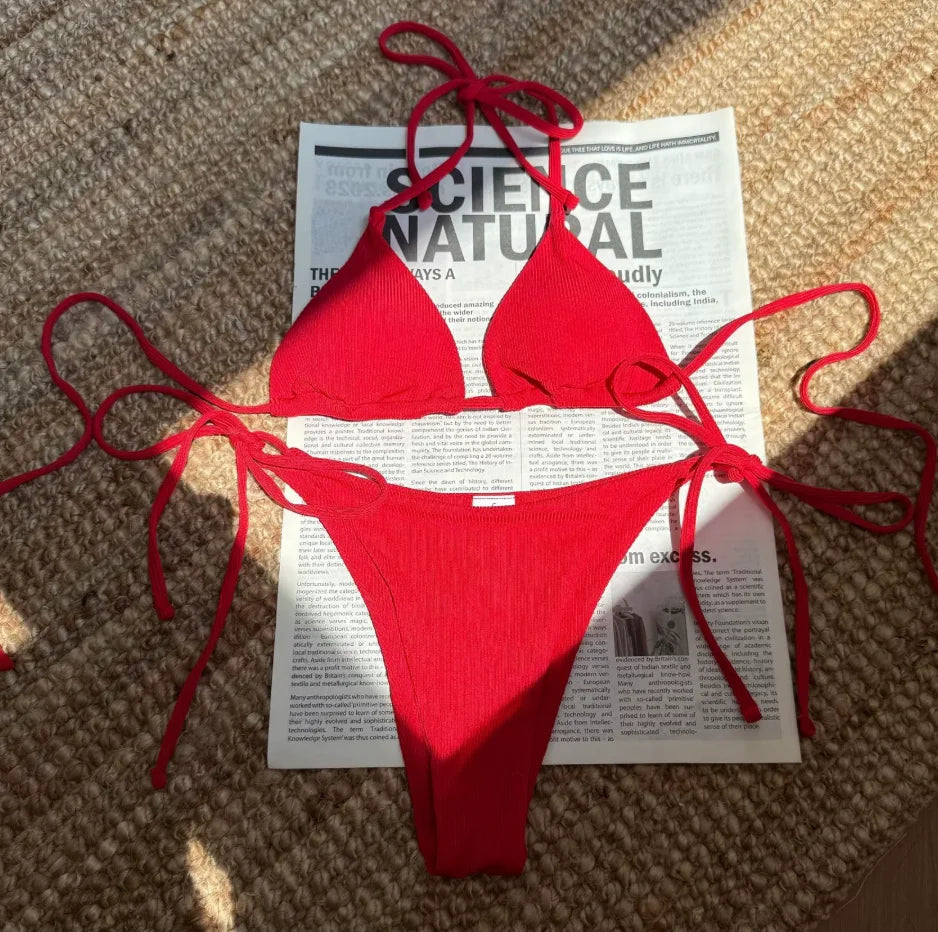 Women's Lace-Up Halter Ribbed Bikini Set - Solid Side Thong Swimsuit for Beach