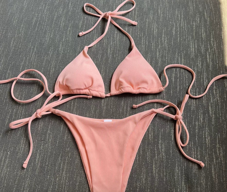 Women's Lace-Up Halter Ribbed Bikini Set - Solid Side Thong Swimsuit for Beach