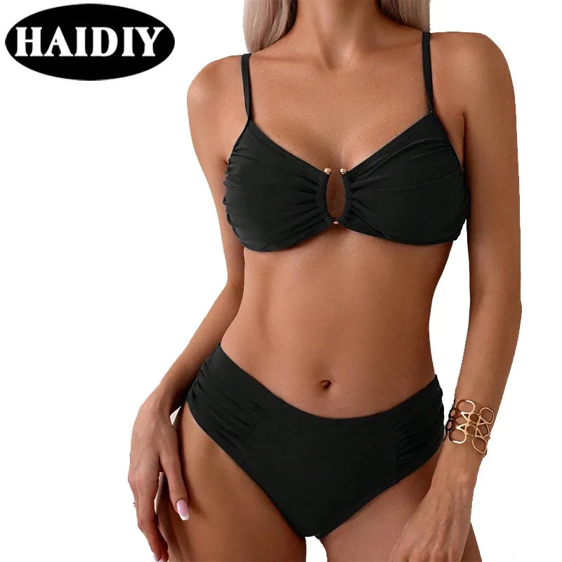 New Sexy Solid Color High Waist U-shackle Backless Two Piece Bikini Beachwear Swimsuit Custom Women Swimwear