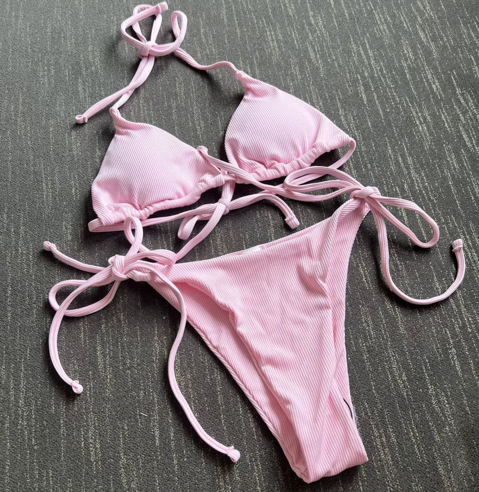 Women's Lace-Up Halter Ribbed Bikini Set - Solid Side Thong Swimsuit for Beach
