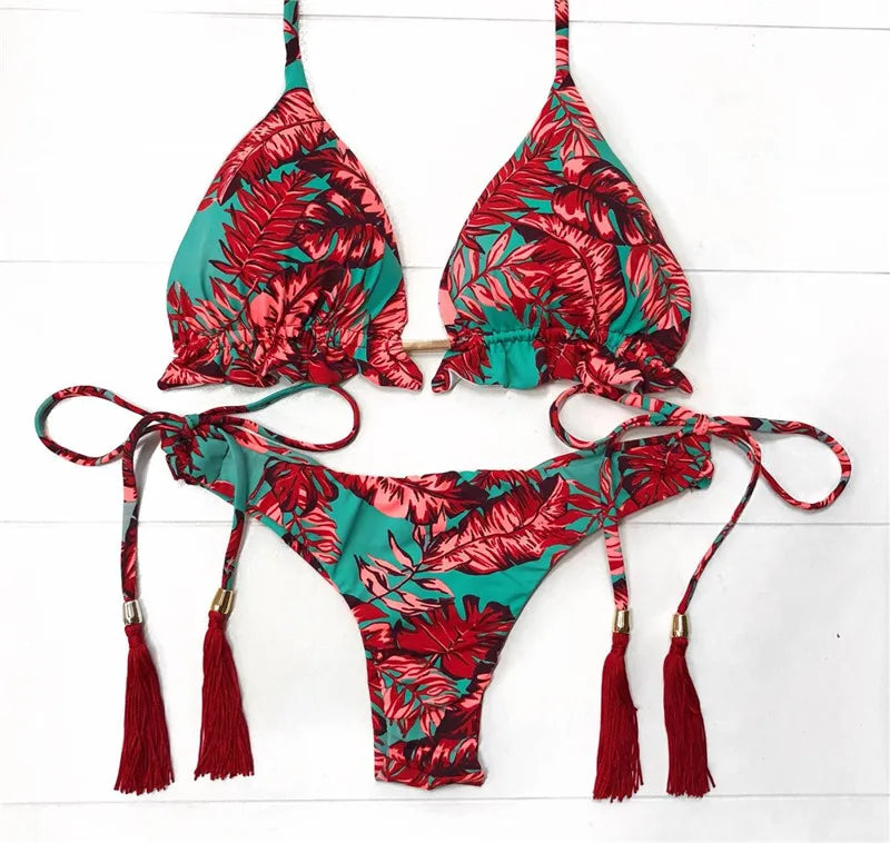 brazilian lace up push up bikini set micro swimwear designer tassels swimsuit beachwear outfit bathing suit women
