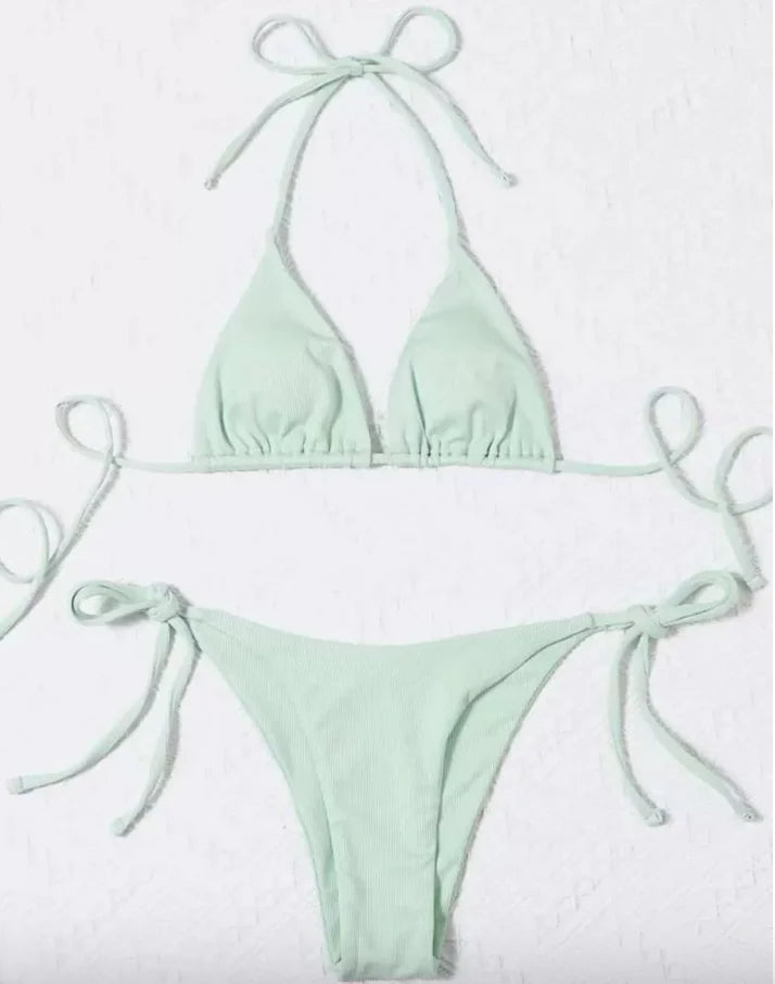 Women's Lace-Up Halter Ribbed Bikini Set - Solid Side Thong Swimsuit for Beach