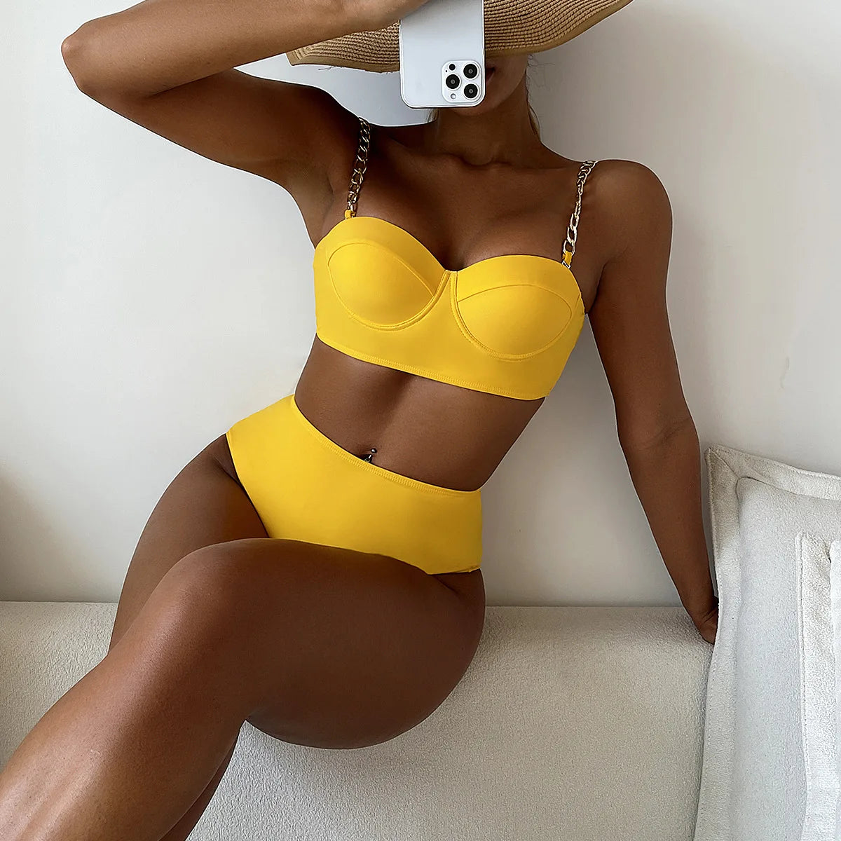 High Quality Women High Waist Swimsuit Mental Strap Mold Cup Push up Plus Size 5XL Bikini Solid Color
