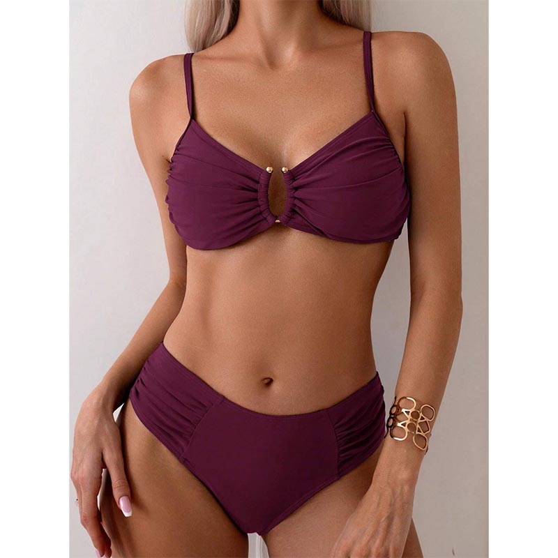 New Sexy Solid Color High Waist U-shackle Backless Two Piece Bikini Beachwear Swimsuit Custom Women Swimwear