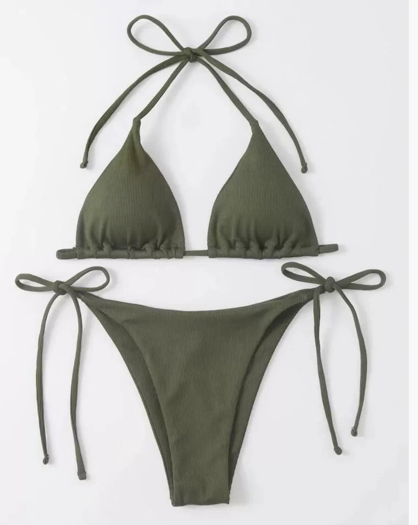 Women's Lace-Up Halter Ribbed Bikini Set - Solid Side Thong Swimsuit for Beach