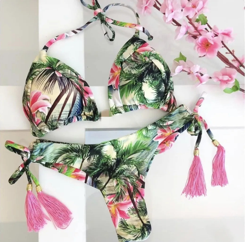 brazilian lace up push up bikini set micro swimwear designer tassels swimsuit beachwear outfit bathing suit women
