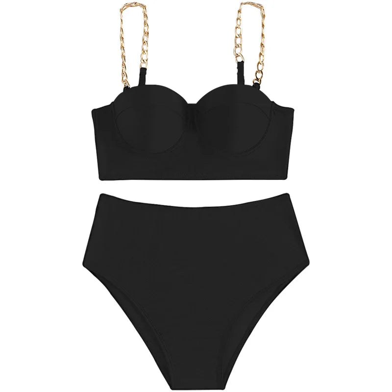 High Quality Women High Waist Swimsuit Mental Strap Mold Cup Push up Plus Size 5XL Bikini Solid Color