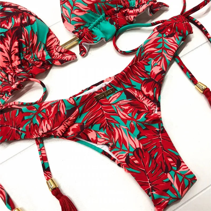 brazilian lace up push up bikini set micro swimwear designer tassels swimsuit beachwear outfit bathing suit women