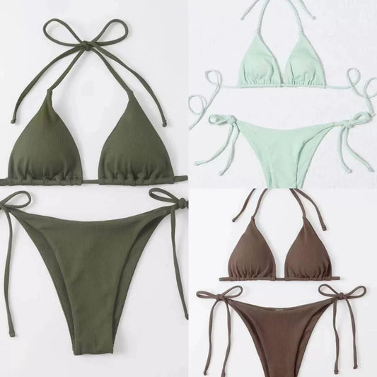 Women's Lace-Up Halter Ribbed Bikini Set - Solid Side Thong Swimsuit for Beach