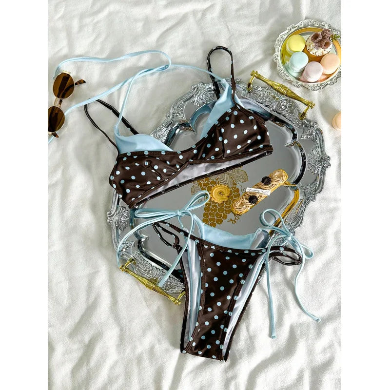 European and American New Cross-border Slim-fit Sexy Polo Dot Print Contrast Color Two-piece Strap Backless Vacation Swimsuit Bi