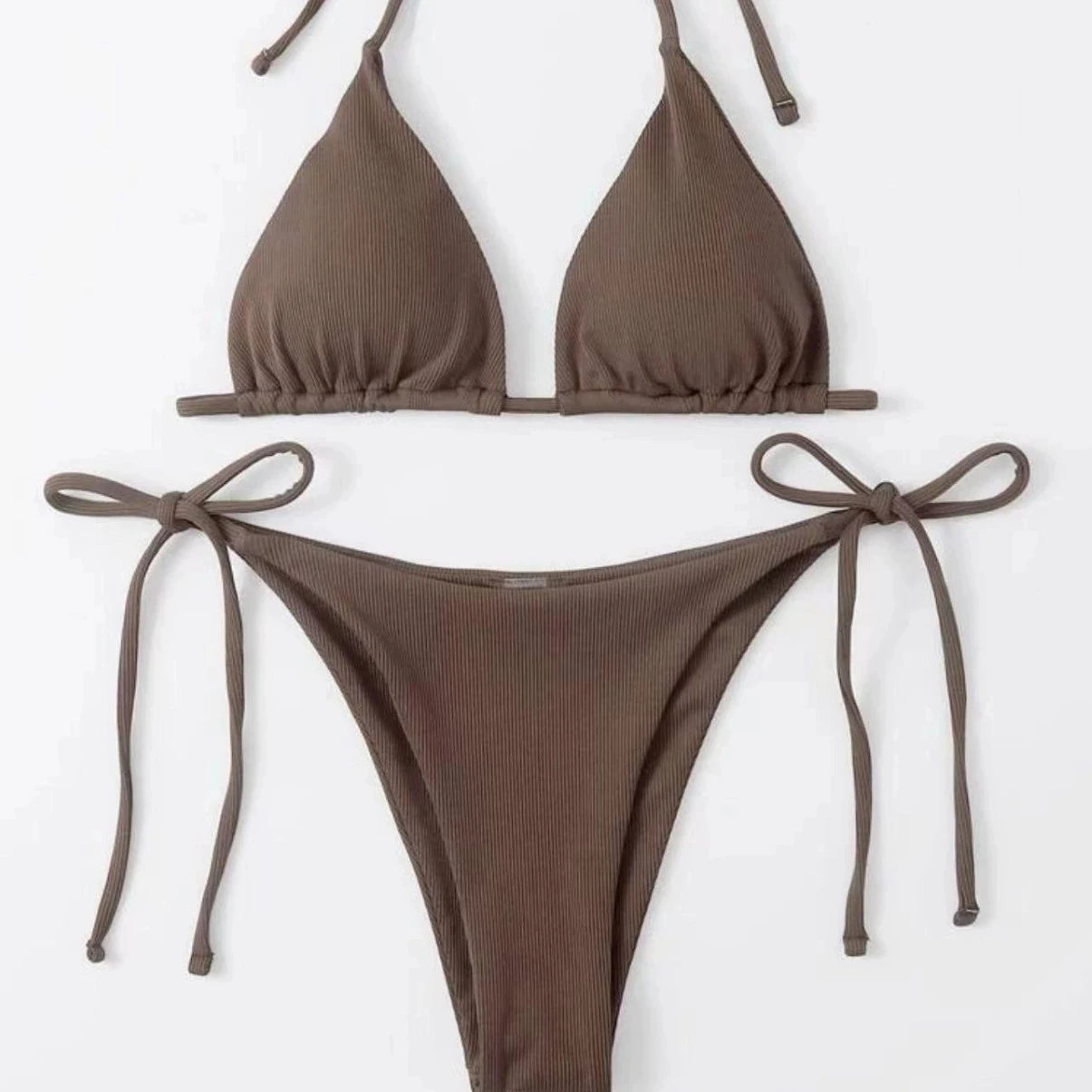Women's Lace-Up Halter Ribbed Bikini Set - Solid Side Thong Swimsuit for Beach