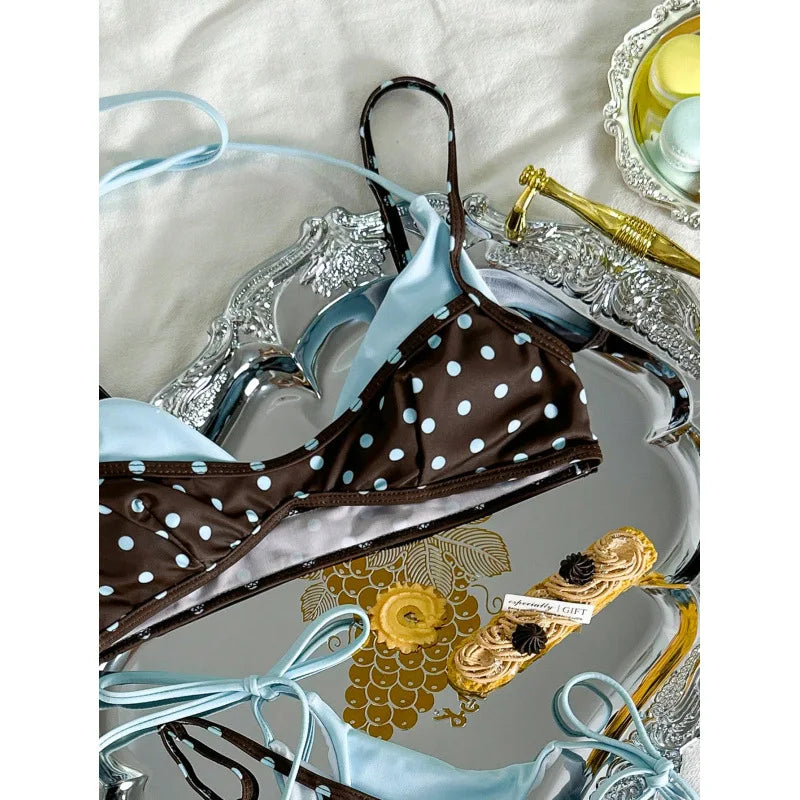 European and American New Cross-border Slim-fit Sexy Polo Dot Print Contrast Color Two-piece Strap Backless Vacation Swimsuit Bi