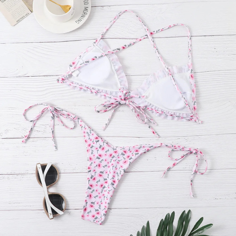 XCQJR-0117 Women's Floral Triangle Bikini String Set Drawstring Two-Piece Swimsuit for Beach OEM Service Available