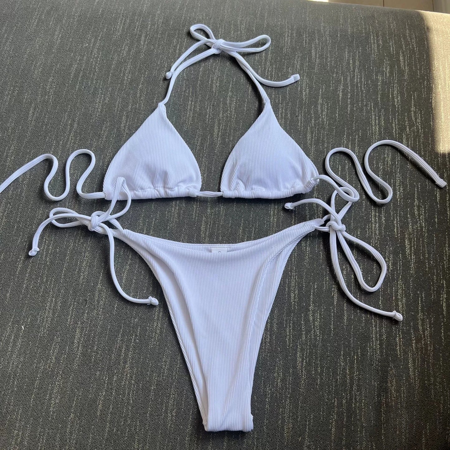 Women's Lace-Up Halter Ribbed Bikini Set - Solid Side Thong Swimsuit for Beach