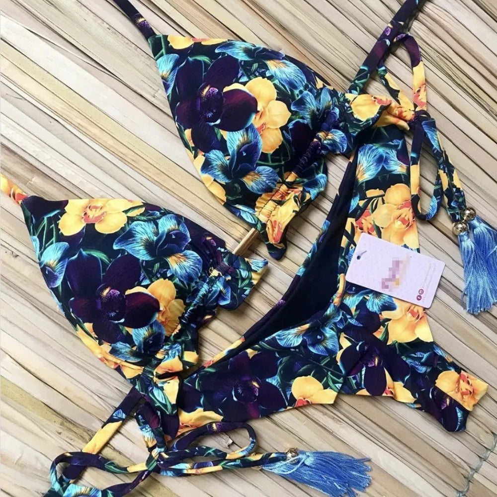 brazilian lace up push up bikini set micro swimwear designer tassels swimsuit beachwear outfit bathing suit women