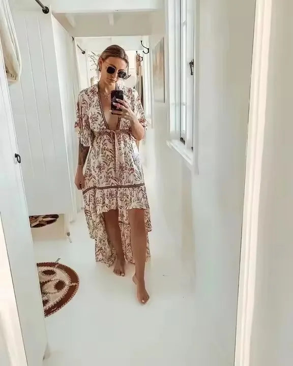 Robe Bohemian Lady Short Sleeve Rayon Summer Boho Dresses Women Hollow Out Sexy Beach Dress
