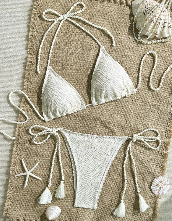 2026 Summer New Arrival Solid Color Braided Detail 2 Piece Bikini Set for Women European Fashion Two Piece Swimsuit