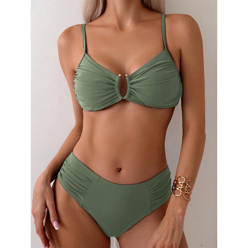 New Sexy Solid Color High Waist U-shackle Backless Two Piece Bikini Beachwear Swimsuit Custom Women Swimwear