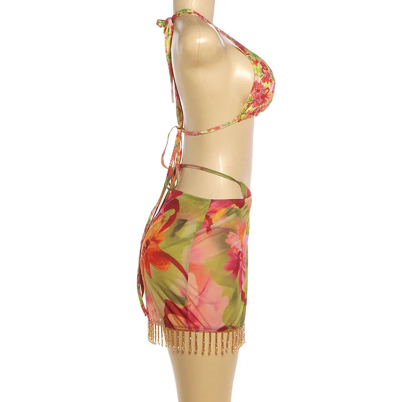 Sexy Floral Printed Casual Three Piece Set Women Summer Clothing 2026 New Arrivals 3 Piece Swimsuits Sexy Bikini Set