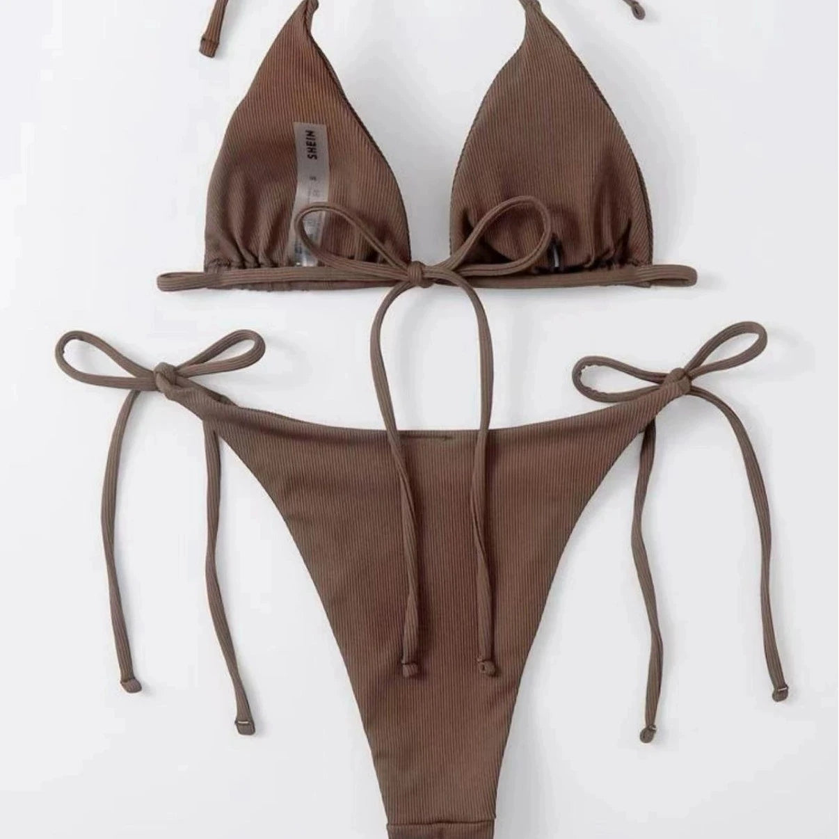 Women's Lace-Up Halter Ribbed Bikini Set - Solid Side Thong Swimsuit for Beach