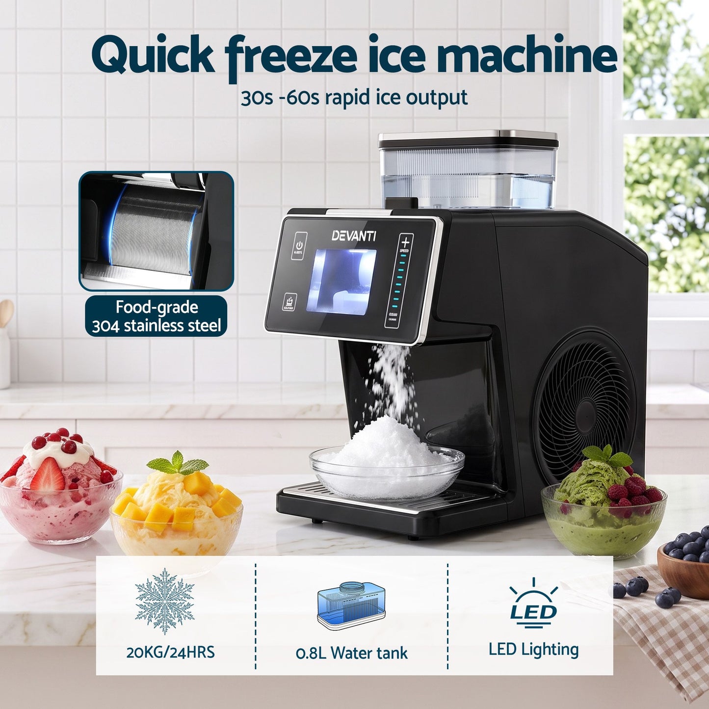 Devanti 20kg/24hr Ice Maker Snowflake Shaved Ice Slushie Maker Black