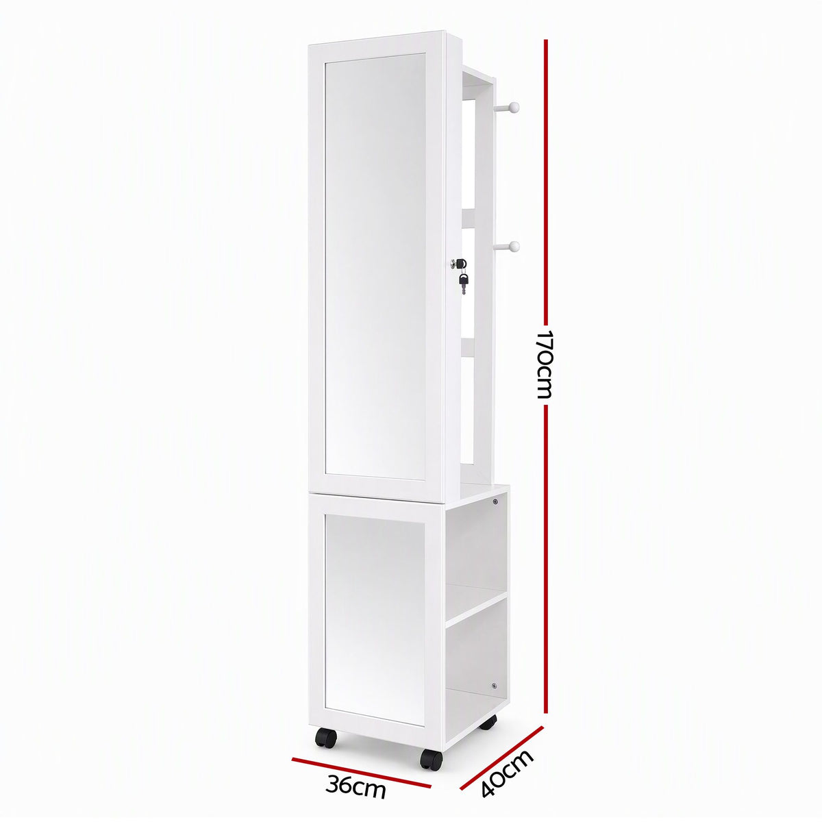 Artiss Lockable Jewellery Cabinet, Mobile Frameless Mirror, White